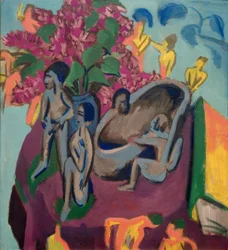 Stilleben mit Plastiken und Blumen