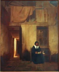 Interieur mit lesender Frau und Katze