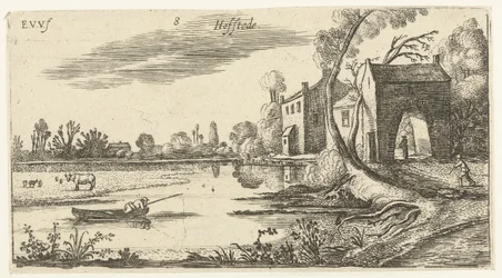 Landschaft mit einem Fluss und Torhaus