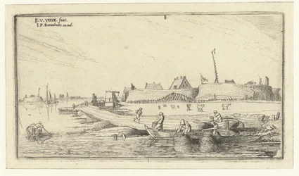 Ruderboote mit Fischern vor einer Festung an der Schelde