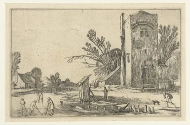 Quadratischer Turm an einem zugefrorenen Fluss mit Kolfspielern