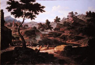 Klassische Landschaft mit Figuren und Ruinen