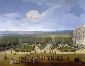 Ludwig XIV. und sein Hof bei einem Spaziergang in den Gärten von Versailles