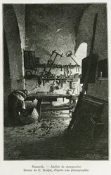Zimmermannswerkstatt in Nazareth. Gravur von E. Ronjat, um die Geschichte La Syria d