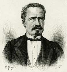 Porträt des Präsidenten von Ecuador von 1875 bis 1876, Don Antonio Borrero. Gravur von E. Ronjat, nach einem Foto, zur Illustration der Geschichte „Das Äquinoktiale Amerika“