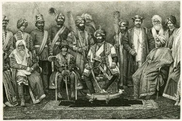 Der Maharadscha von Kaschmir, Rambhir Sing und sein Hof. Gravur von E. Ronjat, zur Illustration der Geschichte „Porträt einer Pariserin im westlichen Himalaya“, 1881, von Marie de Ujfalvy-Bourdon. Veröffentlicht in der Tour du monde, 2. Semester.