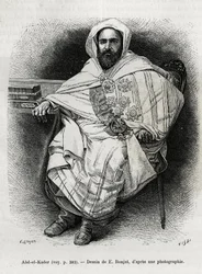 Porträt von Abd El Kader (1808-1883) algerischer Emir und Sultan, Sufi-Theologe, Politiker und militärischer Widerstandskämpfer gegen die französische Kolonialarmee, auch Schriftsteller, Dichter und Philosoph. Gravur von E. Ronjat, zur Illustration der Ges