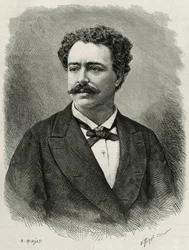 Porträt des Autors und Reisenden Edmondo de Amicis (1846-1908), italienischer Schriftsteller, Gravur von E. Ronjat, zur Illustration der Geschichte von Marokko von Edmondo de Amicis, 1875, veröffentlicht in Le tour du monde, unter der Leitung von Edouard C