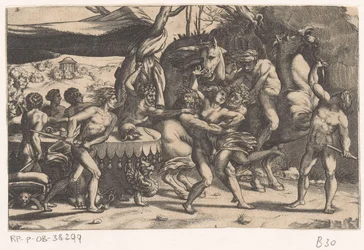 Raub einer Frau durch Mann und Satyr