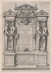 Speculum Romanae Magnificentiae: Titelseite graviert innerhalb architektonischer und skulpturaler...