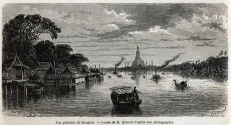 Gesamtansicht von Bangkok (Thailand), Zeichnung von E. Bocour, zur Illustration der Reise von Henri Mouhot zu den Königreichen Siam, Kambodscha und Laos von 1858 bis 1861. Gravur in „Le tour du monde“, herausgegeben von Edouard Charton