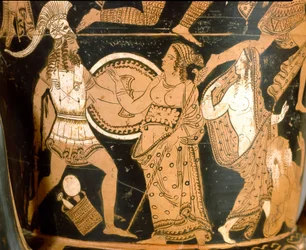 Etruskische Antike: Glockenkrater mit der Darstellung der Zerstörung Trojas: Detail mit Menelaos gegenüber Aphrodite, rechts ist Helena dargestellt. Aus Falerii Veteres (Civita Castellana). 350-300 v. Chr. Rom, Museo Nazionale di Villa Giulia