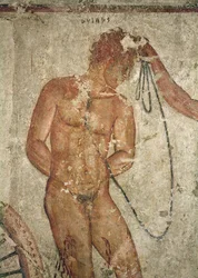 Detail eines trojanischen Gefangenen, aus dem François-Grab in Vulci, ca. 320-280 v. Chr.