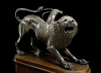 Etruskische Kunst: Chimäre von Arezzo, verletzt von Bellerophon (Chimera ferita von Bellerofonte) - Bronzeskulptur, 400-350 v. Chr. - Archäologisches Museum von Florenz - Chimäre von Arezzo - Etruskische Bronzeskulptur (H. 65 cm), 400-350 v. Chr. - Florenz
