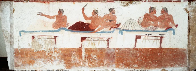Etruskische Kunst: Bankettszene. Fresko des Grabes des „Tauchers“. Aus dem südlichen Friedhof von Paestum. 480-470 v. Chr. Museo Archeologico Nazionale, Paestum