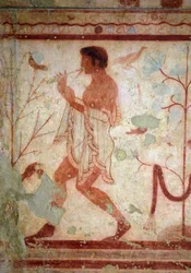 Etruskische Kunst: Fresken mit Bankettszenen, Detail mit einem Flötenspieler. Grab der Triklinien. 5. Jahrhundert v. Chr. Archäologisches Nationalmuseum von Tarquinia, Italien
