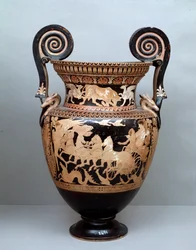 Etruskische Zivilisation: Terrakotta-Krater mit Voluten, der Aurora auf ihrem Wagen darstellt, 360-340 v. Chr., aus Cerveteri, Italien