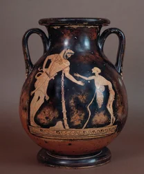 Etruskische Zivilisation: Terrakotta-Pelike, die Herkules und einen alten Mann darstellt, Symbol des Alters, aus Cerveteri, Italien, 5.-4. Jahrhundert v. Chr.