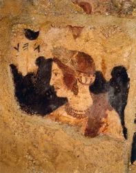 Italien, Region Latium, Tarquinia (Provinz Viterbo), Etruskische Nekropole, Grab des Orcus, Detail der Bankettszene mit Porträt einer Frau namens Velia Velcha (Velia Spurinas), Ehefrau von Arnth Velcha, Fresko