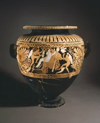 Stamnos (Flüssigkeitsbehälter). Rotfigurige Keramik aus Porano (Umbrien). Etruskische Zivilisation, 4. Jahrhundert v. Chr.