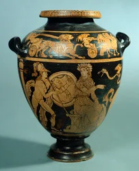 Stamnos, rotfigurige Keramik aus Vulci (Latium). Etruskische Zivilisation, 4. Jahrhundert v. Chr.