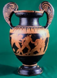 Volutenkrater des Mainzer Malers, Darstellung eines Kriegers und einer Amazone. Rotfigurige Keramik. Etruskische Zivilisation, 4. Jahrhundert v. Chr.