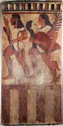 Etruskische Kunst: Bemalte Terrakottaplatte genannt Plaque Campana: ein Bogenschütze, ein geflügeltes Genie mit einer weiblichen Figur