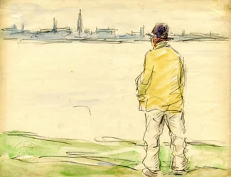 Mann mit Blick auf die Uferpromenade von Antwerpen