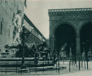 Neptunbrunnen von Bartolomeo Ammanati und die Loggia dei Lanzi, Florenz, Italien, 1927