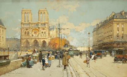 Figuren auf einer sonnigen Pariser Straße, Notre Dame links