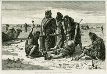 Die Fußfesseln. Stich von Eugène Girardet zur Illustration des Berichts „Cinq mois chez les moures nomades du Sahara occidental“ von Camille Douls aus dem Jahr 1887, in „Le Tour du monde“, 1888, unter der Leitung von Édouard Charton (1807-1890), Hachette
