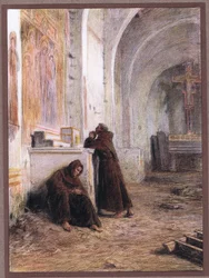 Bruder Giles und sein Begleiter, vor Hunger in einer verlassenen Kirche ohnmächtig