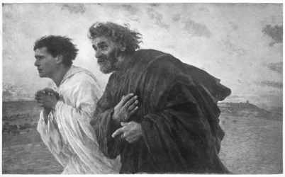 Die Jünger Petrus und Johannes laufen am Morgen der Auferstehung zum Grab, um 1898