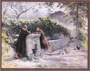 Das Mahl von St. Franziskus und Bruder Masseo am Brunnen. St. Franziskus lobt die Armut