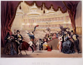 Der Maskenball der Oper de la Rue Le Peletier in Paris. Dieser Ball wurde Grand Veglione genannt. Lithographie von Eugene von Guerard (1811-1901) 19. Jahrhundert