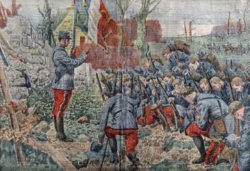 Ein Priester mit Fahne erteilt den Offizieren und Soldaten seines Regiments die Absolution, bevor sie zum Angriff aufbrechen. In „Le pèlerin“ von 1915.