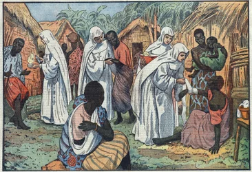Über die Einweihung im Lateranpalast in Rom der Museen der Weißen Schwestern in einem Dorf in Äquatorialafrika, wo sie Katechismus lehren und Kranke pflegen. Illustration von Damblans. In „Le Pèlerin“ vom 29. Januar