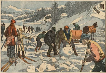 Alpine Bewohner sammeln im Winter Eisblöcke für den Sommer. Im Hintergrund üben Männer Wintersport. Illustration von Damblans. In „Le Pelerin“ vom 18. Dezember