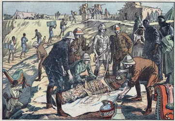 Eine englische Mission, beauftragt von Earl Byron de Prorok (1896-1954), einem Archäologen, entdeckte das Grab von Tin-Hahan im Hoggar. Illustration von Damblans. In „Le Pelerin“ vom 20. Dezember 1925.