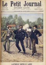 Attentat auf Fernand Labori, einen der Anwälte, die Alfred Dreyfus bei seinem zweiten Kriegsgericht in Rennes verteidigten. „Le Petit Journal“, August 1899