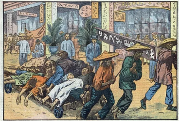 Bürgerkrieg zwischen Nationalisten und Kommunisten in China: Nach den kommunistischen Unruhen in Kanton werden die Leichen der Opfer auf Karren gestapelt. Illustration von Damblans. In „Le Pelerin“ vom 4. März