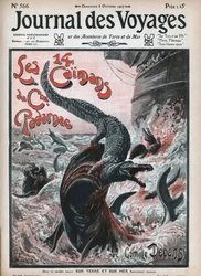 Krokodile werden von Haien verschlungen. Illustration von Damblans „Die vierzehn Kaimane von Kapitän Padarnac“ von Camille Debans (1834-1910). Eine Zeitung. Gravur im „Journal des Voyages“ von 1907.
