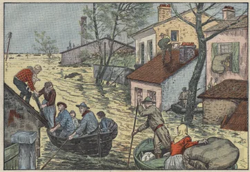 Überschwemmungen in Louisiana (USA): Angesichts der bedrohlichen Wellen des Mississippi sind Bauern und Fallensteller gezwungen, ihre Häuser und Felder zu verlassen. Illustration von Damblans. In „Le Pelerin“ vom 15. Mai