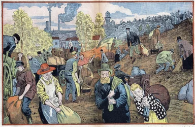 Jäger suchen nach Kohlenstücken unter den aus den Minen gewonnenen Steinen, um sich im Winter zu heizen. Ruhrgebiet, Deutschland. Illustration von Damblans. In „Le Pelerin“ vom 4. Oktober.
