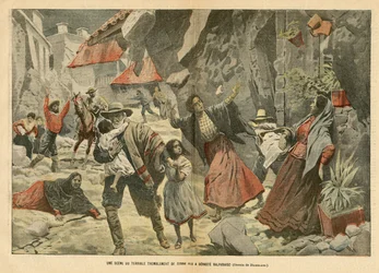 Illustration von Eugene Damblans (1865-1945) in Le Pelerin, 02/09/06 - Eine Szene des schrecklichen Erdbebens - Verschiedene Fakten, Lateinamerika, Erdbeben, Chile, Valparaiso