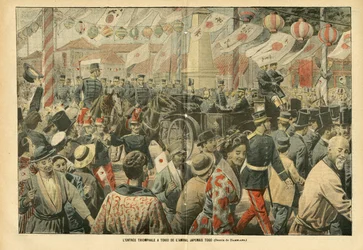 Illustration von Eugene Damblans (1865-1945) in Le Pelerin, 05/11/05 - Der triumphale Einzug des japanischen Admirals Togo in Tokio - Armee, Japan, Menge, Tokio - Admiral Admirale, Togo Heihachiro (1848-1934), Zivilisten