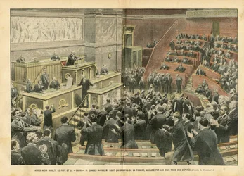 Illustration von Eugene Damblans (1865-1945) in Le Pelerin, 06/11/04 - Nach der Beleidigung des Papstes und des Kreuzes beleidigte M. Combes M. Ribot, der vom Podium abstieg und von zwei Dritteln der Abgeordneten bejubelt wurde