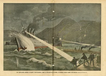 Illustration von Eugene Damblans (1865-1945) in Le Pelerin, 21/02/04 - Japanischer Torpedoangriff auf russische Schiffe vor der Kriegserklärung - Russland, Japan, Maritime Marine Küste, Port Arthur, Russisch-Japanischer Krieg, Kriegsschiffe