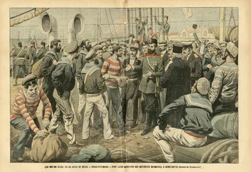 Illustration von Eugene Damblans (1865-1945) in Le Pelerin, 23/07/05 - Die aufständischen Matrosen des russischen Schlachtschiffs Kniaz-Potemkin ergeben sich den rumänischen Behörden in Constantza - Russland, Maritime Marine Küste, Rumänien, Revolution von
