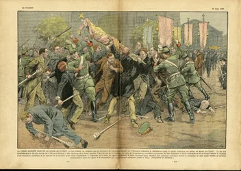Illustration von Eugène Damblans (1865-1945) in Le Pèlerin, 27/06/37 - Das Hakenkreuz gegen das Kreuz Christi im Hitlerdeutschland - Deutschland, Preußen, Religion, Glaube, Menschenmenge, Kampf, Rechtsprechung, Hakenkreuz, christliches Kreuz, katholischer